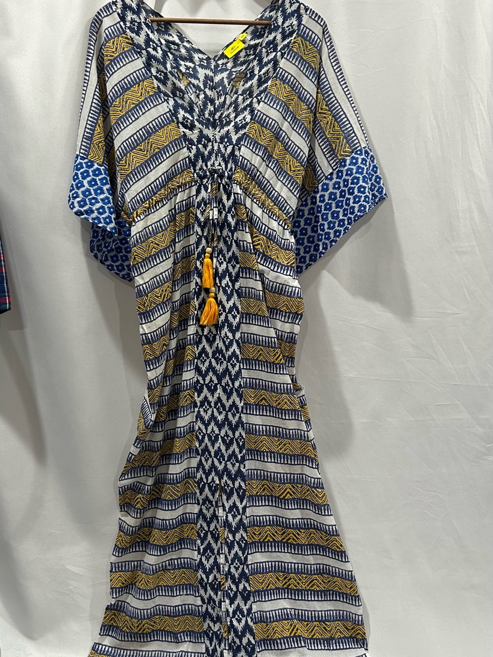 Boho Stripe Tassel Maxi Caftan Swim Cover-up  Dress in Navy/Yellow